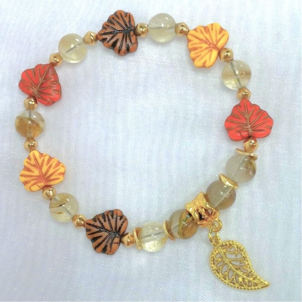 Handmade Beaded Leaf Bracelet Czech Glass Stretch Nature Inspired Earthy NEW